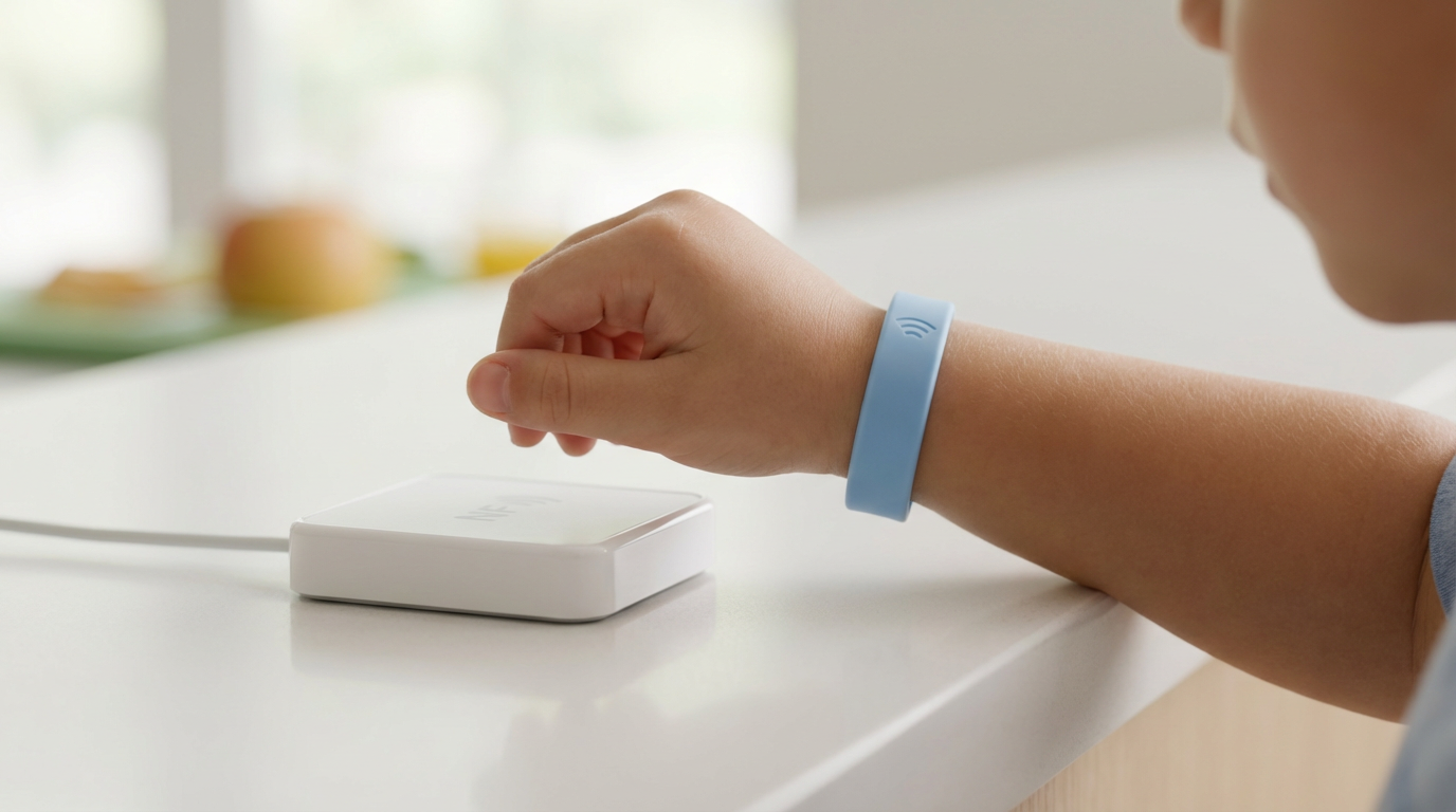 Niño usando pulsera NFC en cafetería escolar